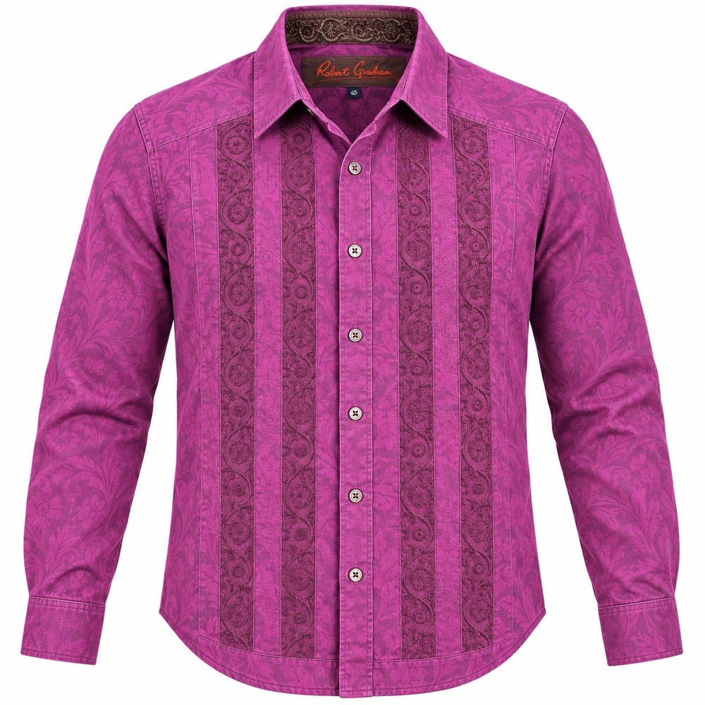 Robert Graham Button Down Shirt Damask Embroidered Purple Mens Large